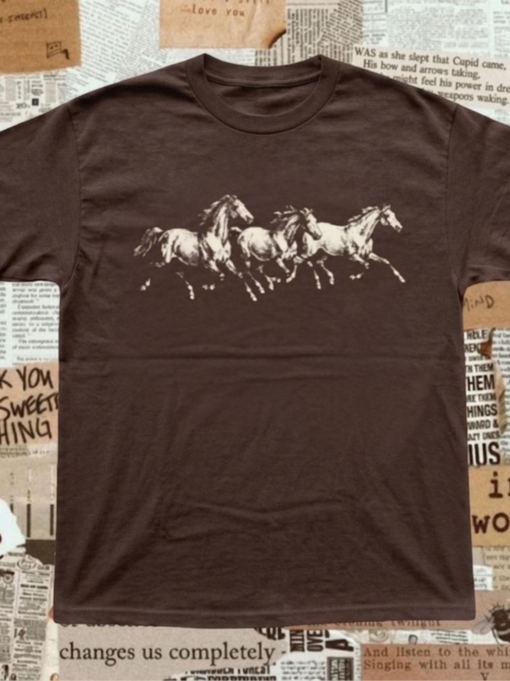 Running Horses Herd Wildlife Nature Vintage Dark Brown T-Shirt